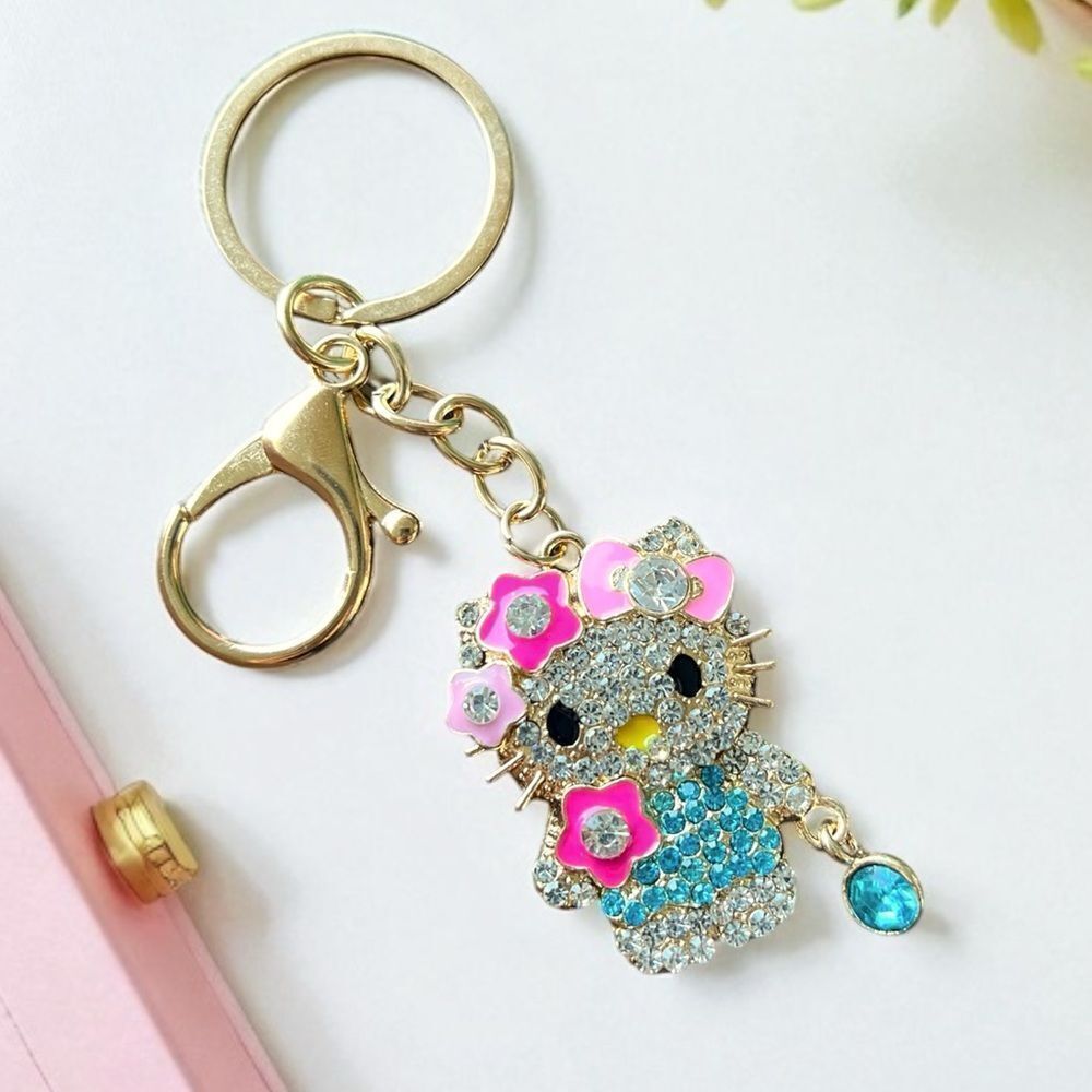 Cute Blue And Clear Crystal Flower Hello Kitty Keychain